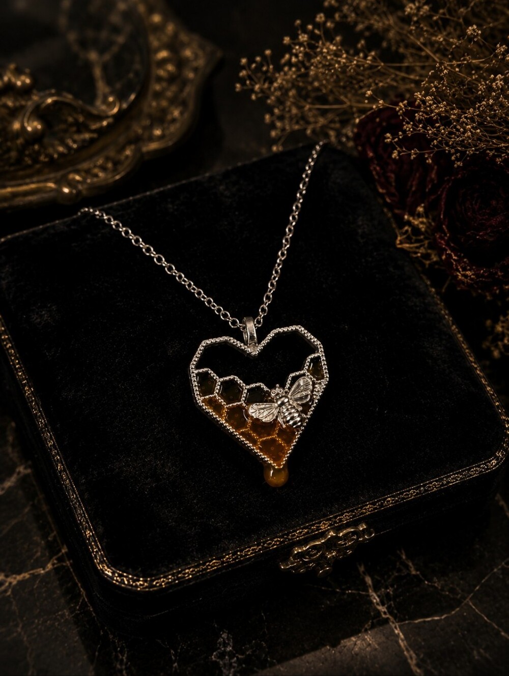 Silver-Tone Honey Bee Heart Necklace – Amber Honeycomb Pendant